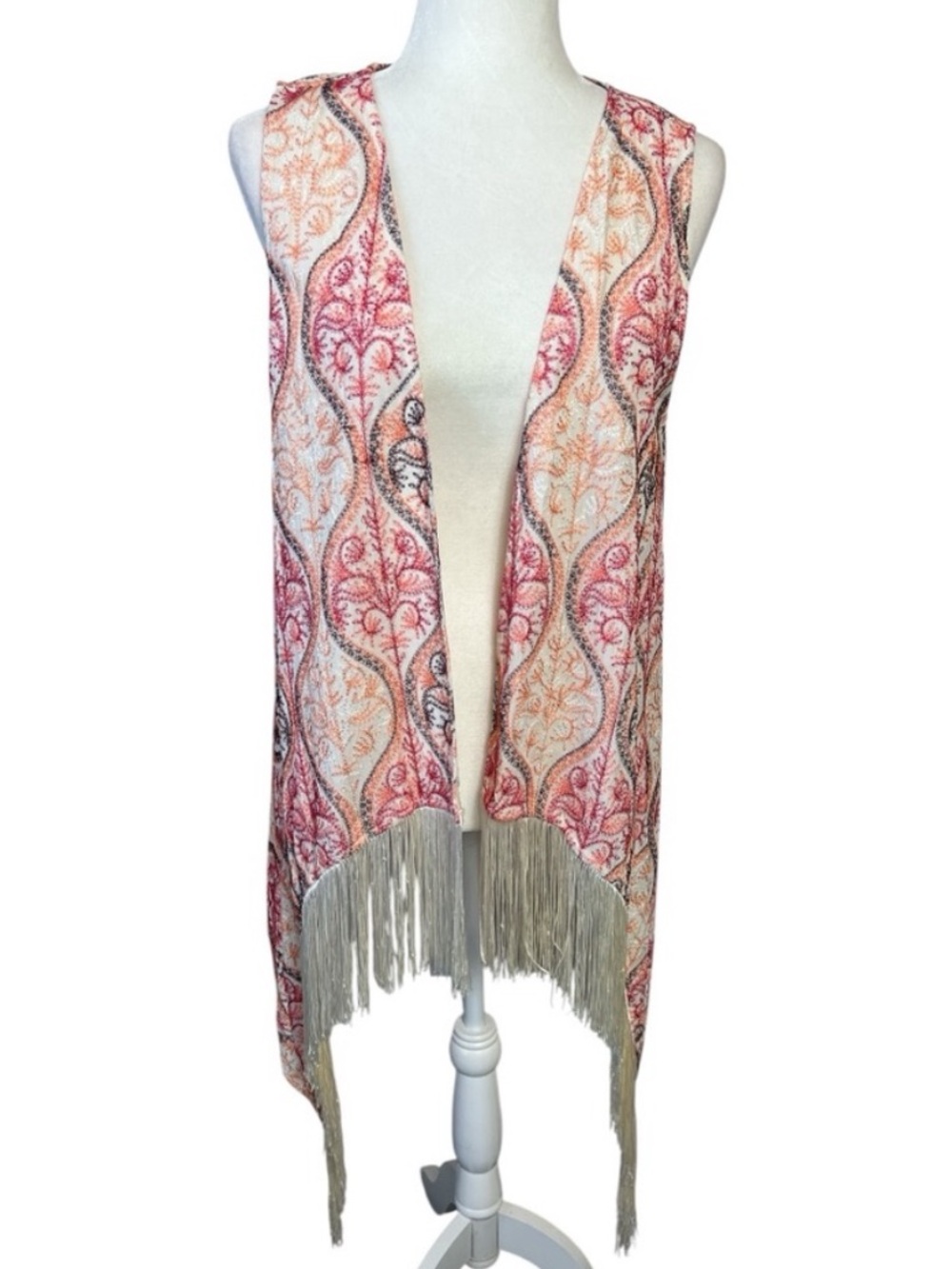 Nekane Tanit Embroidered Paisley Boho Fringe Vest S/M NWT